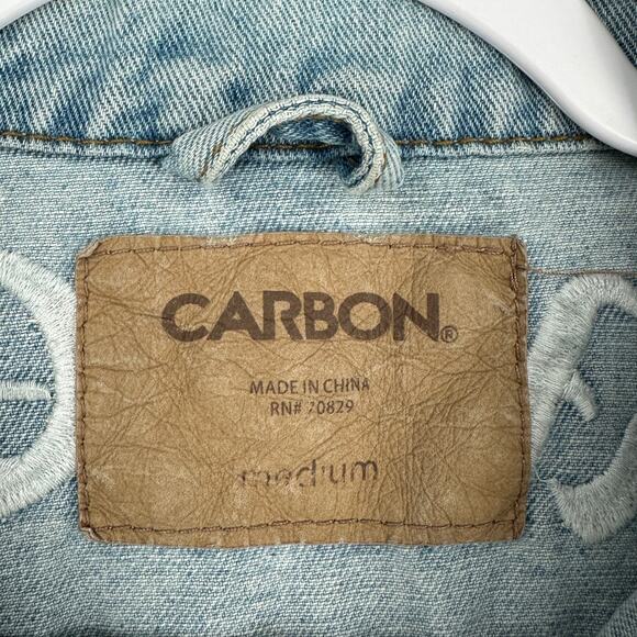 CARBON Lightwash Embroidered Dragon Roses Distressed Detail Denim Jacket Medium - Picture 3 of 7